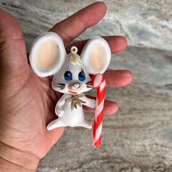 Vintage Plastic Christmas Ornament 3.5” Mouse Holding Candy Cane Hong Kong - Picture 3 of 5